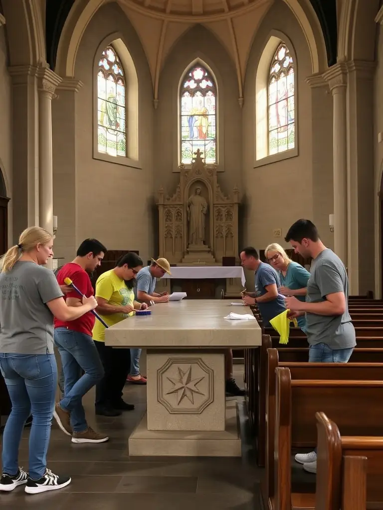 A photograph capturing volunteers cleaning and maintaining the interior of the Saint-Thélo church, showcasing their dedication to preserving its historical elements.