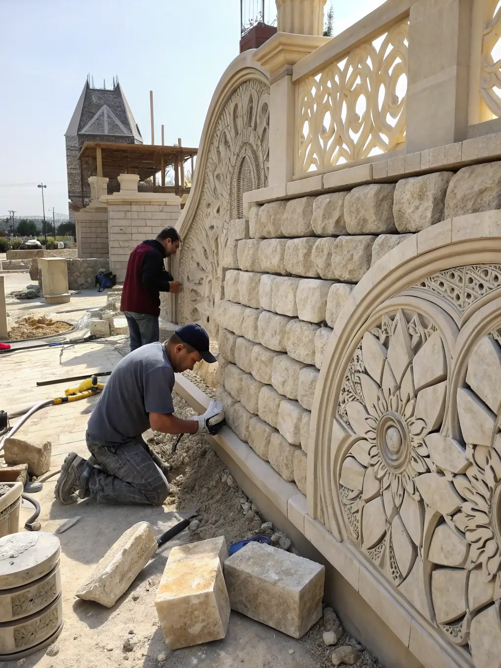 A photograph of a stonemason carefully repairing a section of the Saint-Thélo church's exterior stonework, emphasizing the meticulous restoration efforts.
