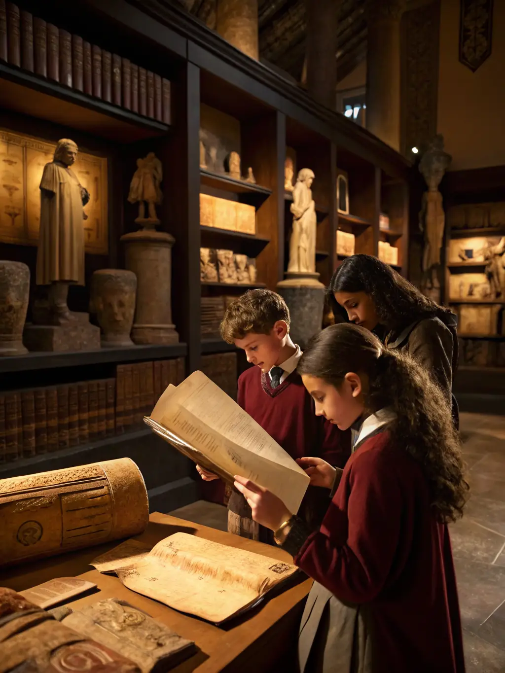 A classroom setting where a historian is giving a presentation about the history of the Saint-Thélo church to a group of students.