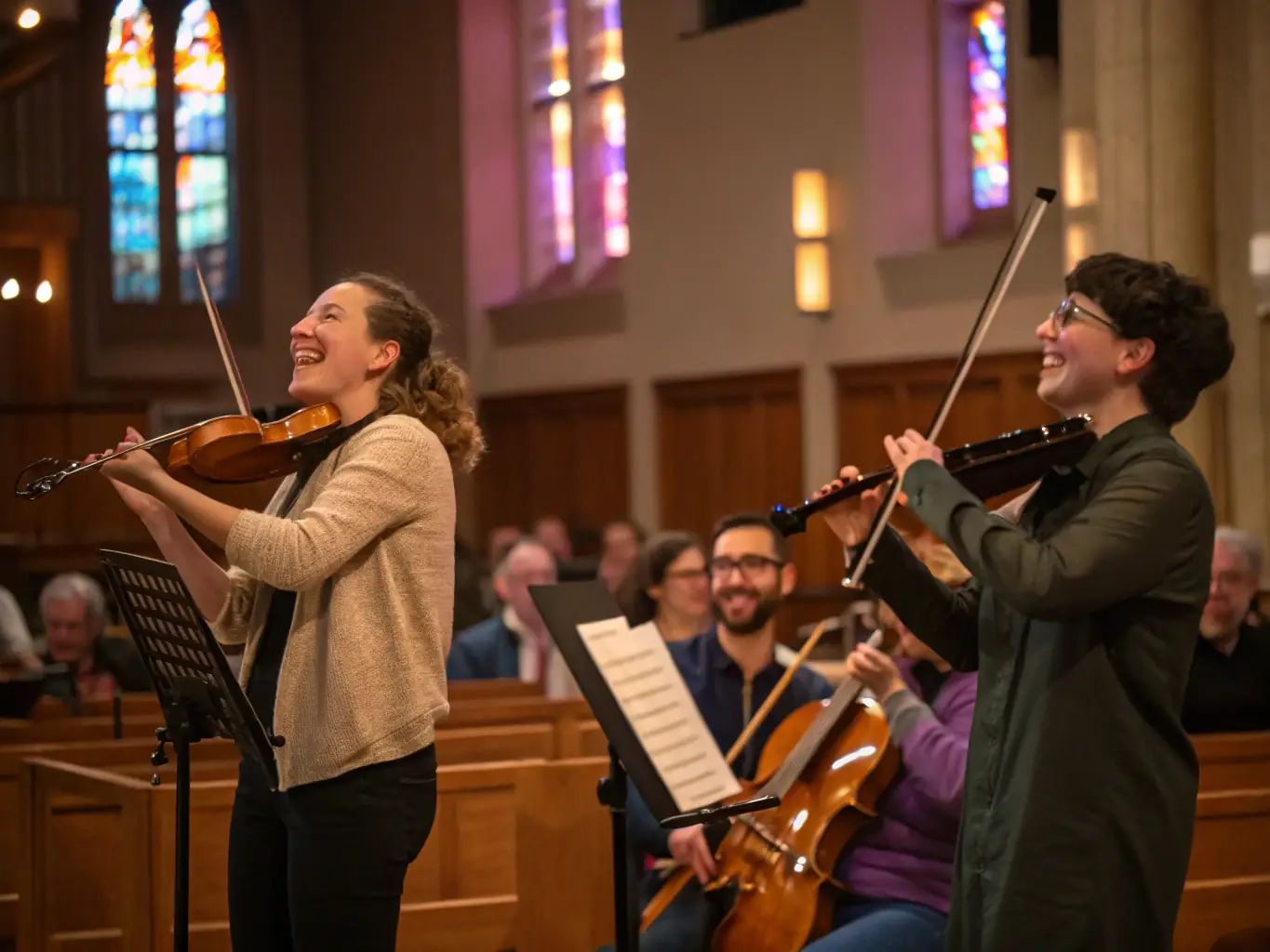 A photograph of attendees enjoying a concert inside the Saint-Thélo church, highlighting the use of the space for cultural events and community gatherings.