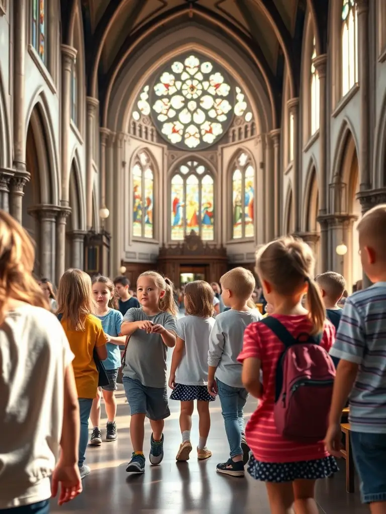 A photograph of children participating in a guided tour of the Saint-Thélo church, learning about its history and significance from a knowledgeable guide.