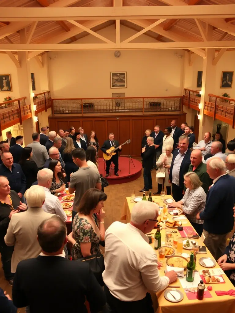 A photograph of attendees at a community event held at the Saint-Thélo church, featuring traditional music and local crafts.