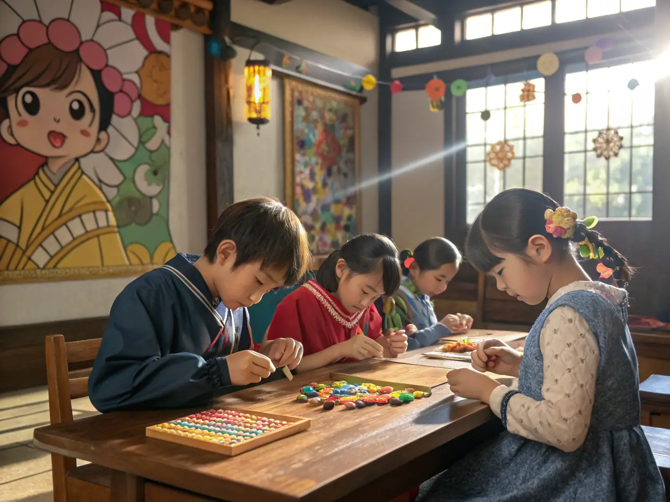 A vibrant image of children participating in a historical workshop at the Saint-Thélo church, learning about the church's history and significance through interactive activities.