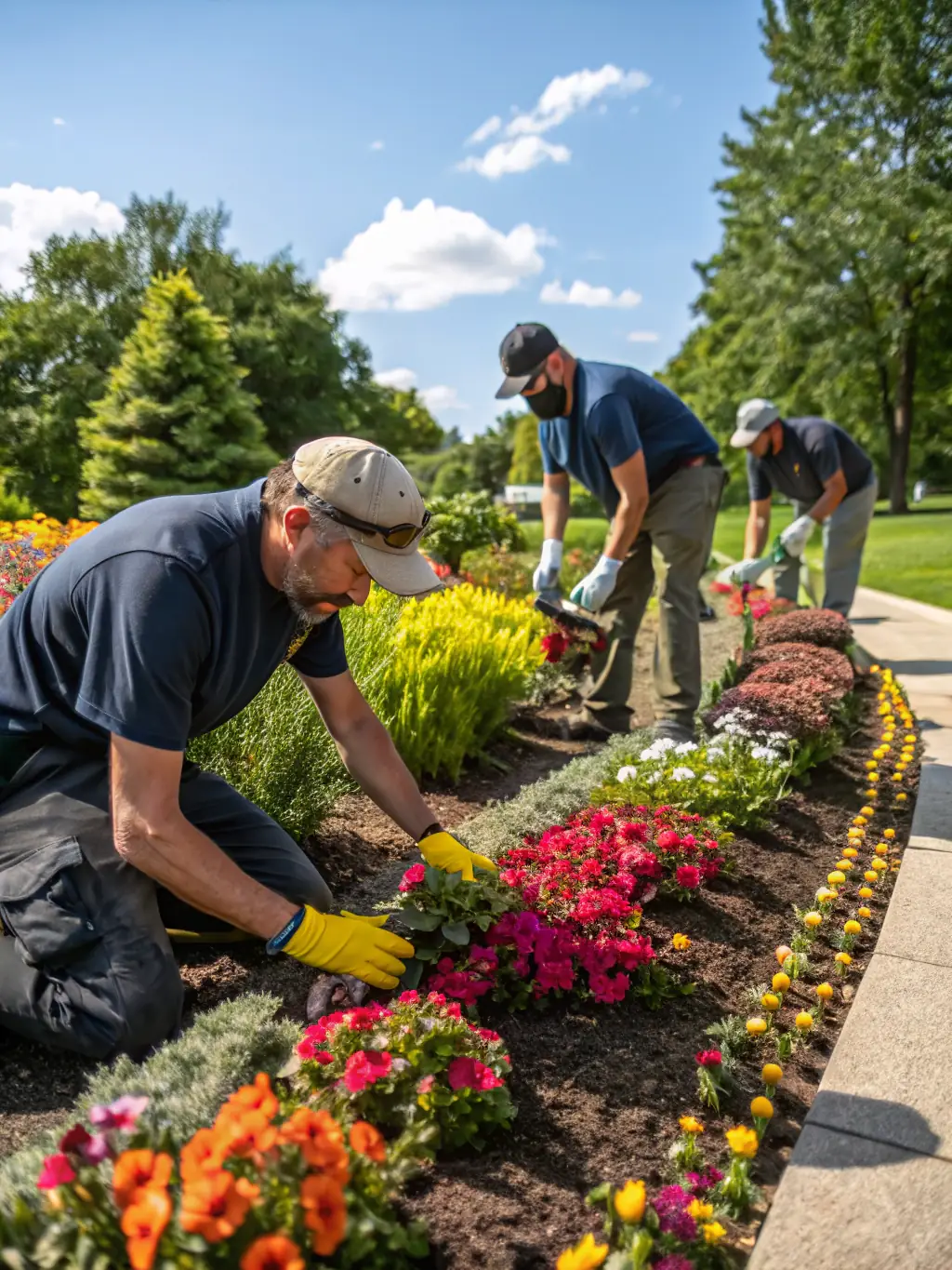A photo of volunteers working on the church grounds, planting flowers and maintaining the landscape around the Saint-Thélo church.